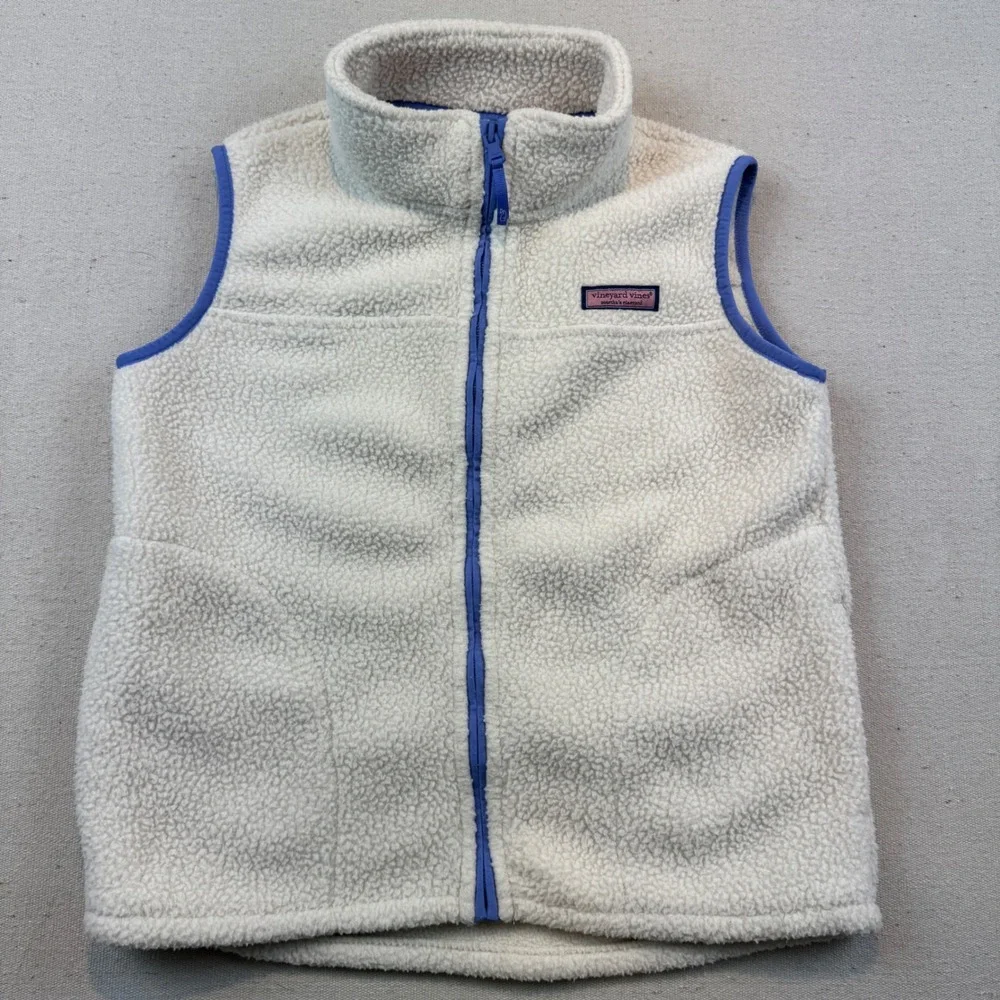 Vineyard Vines Size Large 14 Sherpa Fleece Vest Kids Cream Blue Full Zip Logo